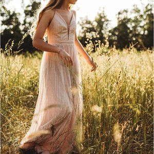 Fashionnova Sequin Hearts Women's Deep V Neck Glitter Prom Gown Light Pink